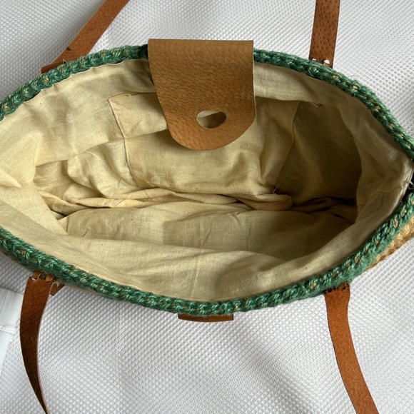 Sisal Large Tote Market Bag Basket Woven Leather Handles Fish Pattern Green Tan - Picture 7 of 10